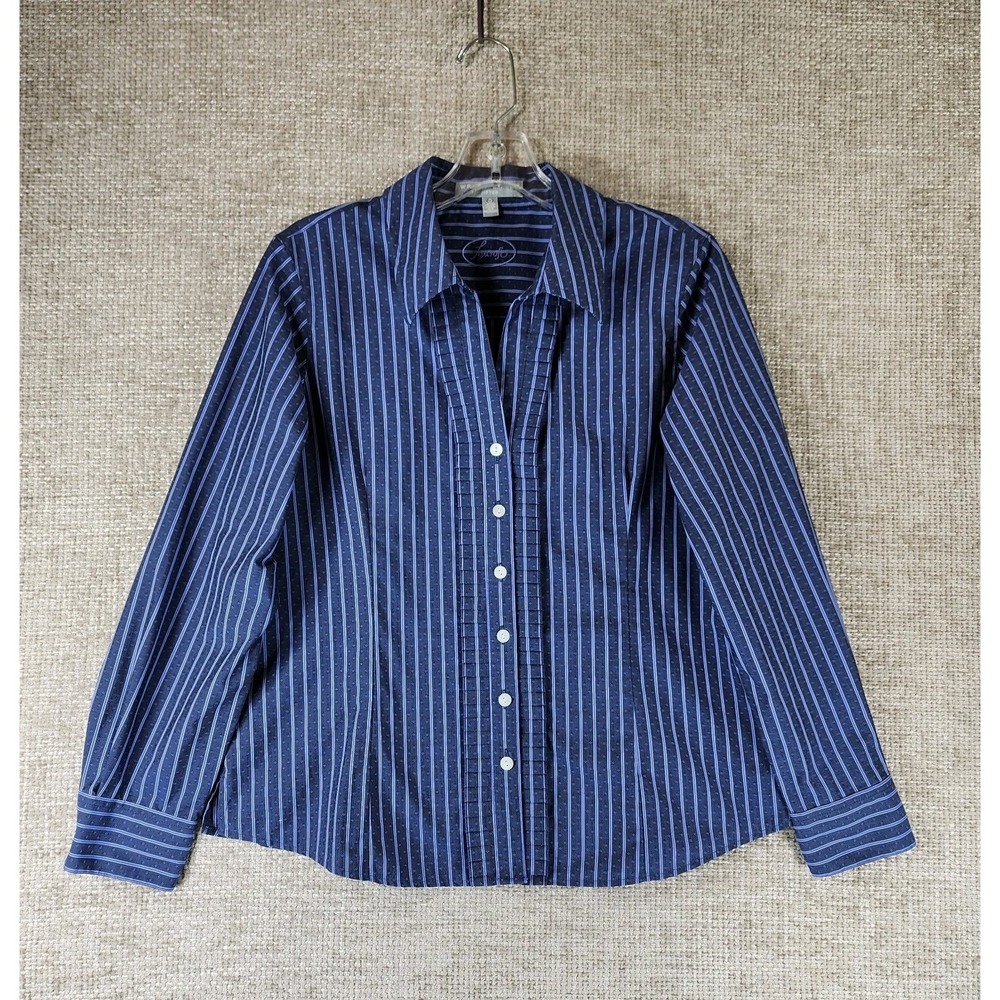 Foxcroft Wrinkle Free Fitted Ruffle Trim Blouse Womens 10 Petite Blue Stripe EUC